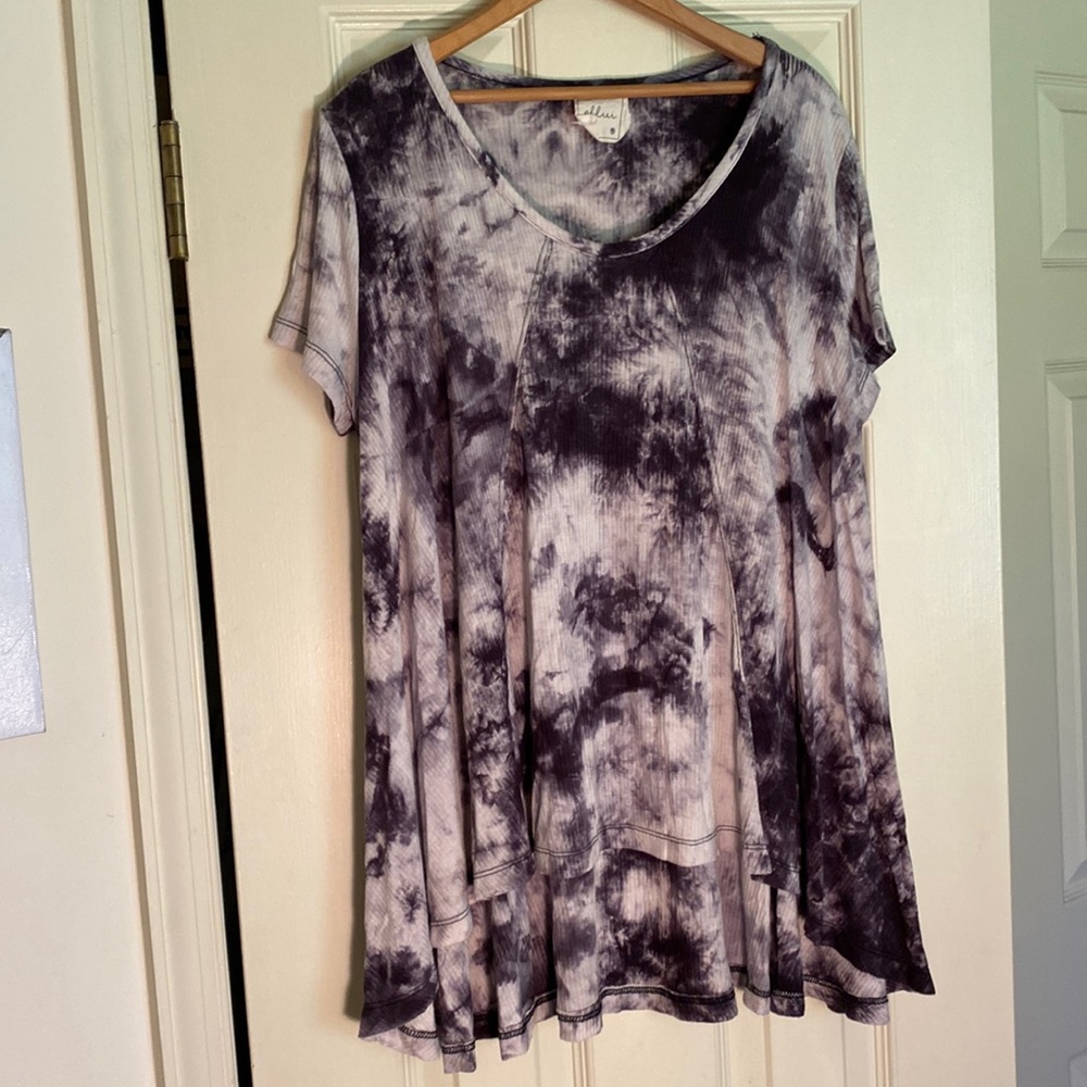 Ellui Purple & White Tie Dye Flowy Short Sleeve Tunic Top Size M